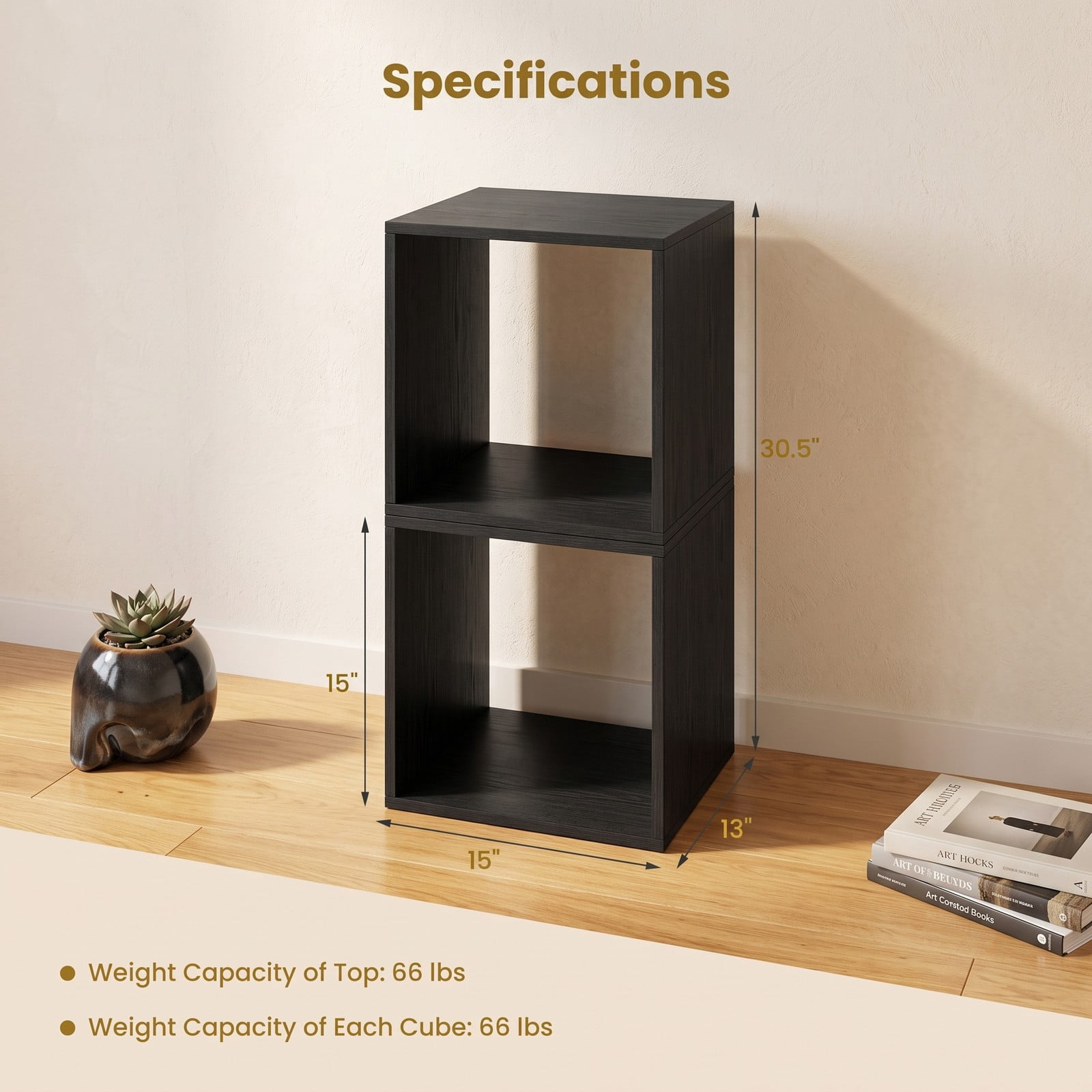 Furnibear Cube Storage Organizer Set of 2, Stackable Modular Bookcase Cubby Shelf for Living Room Bedroom Study Office, Wood Display Bookshelf with Anti-Tip, Black