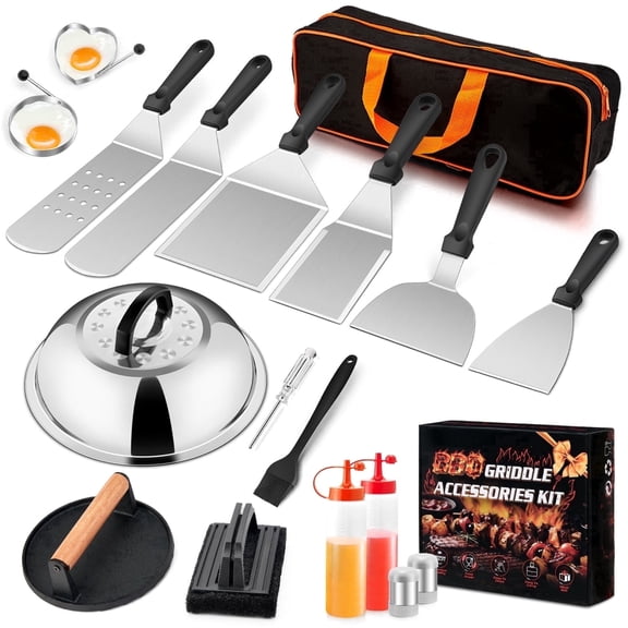 Walchoice 18PCS Griddle Accessories Kit, Heavy Duty BBQ Accessories for Out door Grill, Grill Spatula Set with Enlarged Spatulas, Burger Press, Squeeze Bottles, Egg Rings