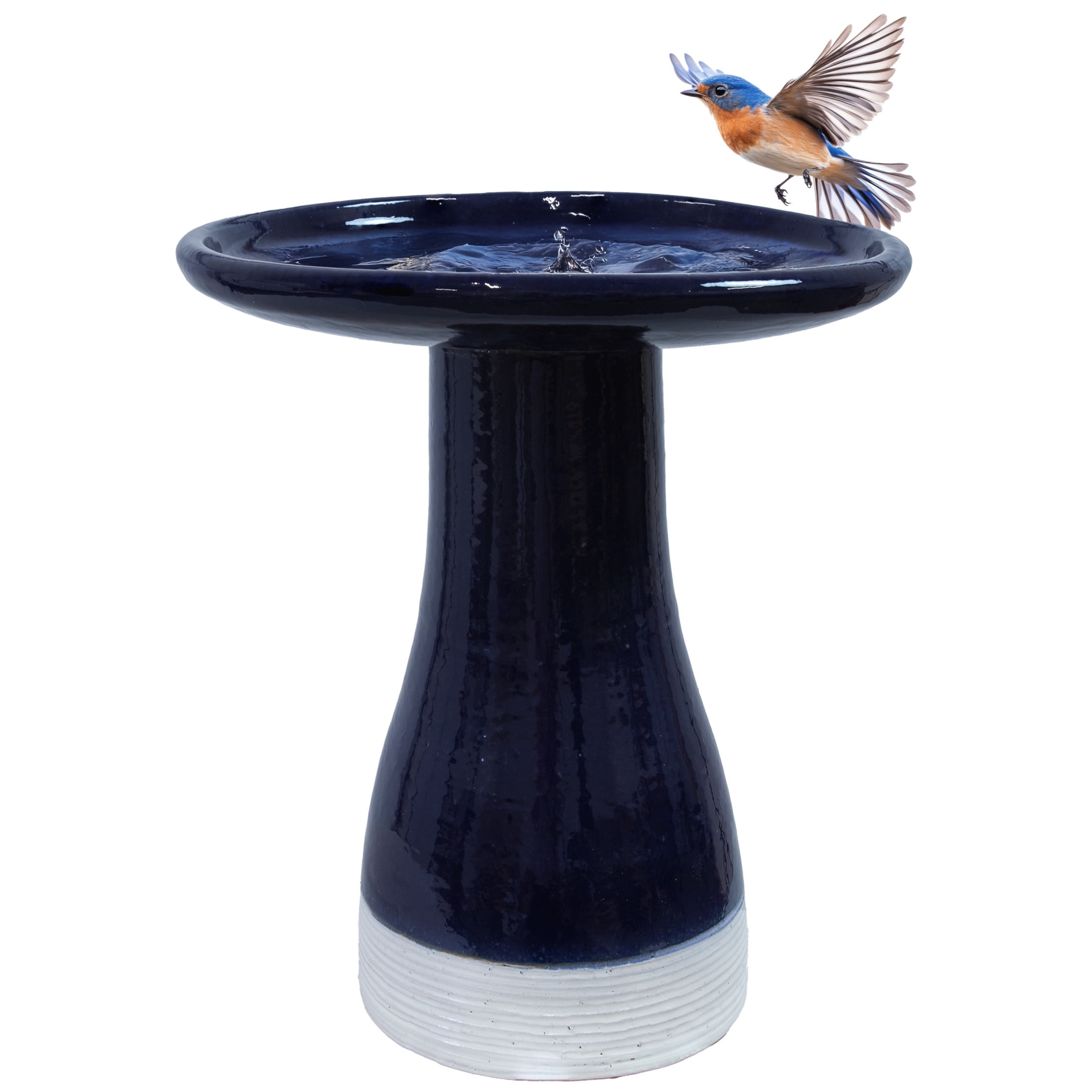 Sunnydaze Duo-Tone Freestanding Ceramic Outdoor Bird Bath, UV-Resistant Midnight Blue Finish