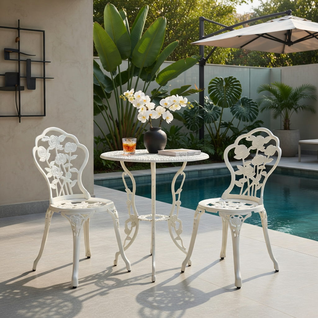 Hommoo Cast Aluminum Outdoor Patio Furniture Set, 3-Piece Rose-Embellished Table and Chairs for Balcony, Deck, Garden or Poolside, White