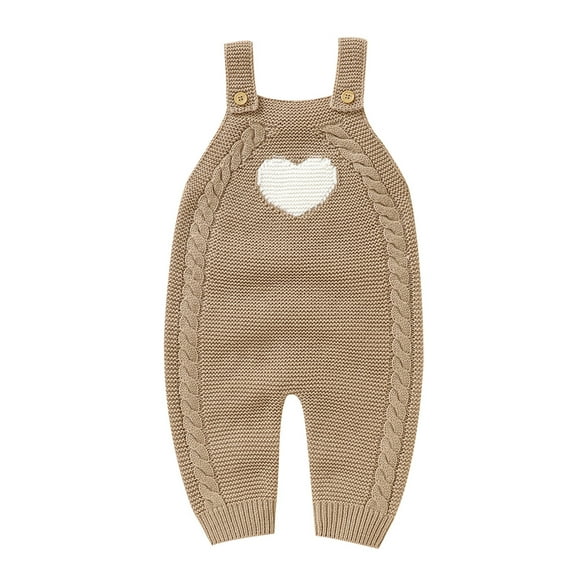 Generic Children Girls Knitted Outwear Baby Knit Romper Cotton Sleeveless Boy Girl Sweater Clothes Heart Pattern Jumpsuit 1 Piece Outfits Fall Winter Clothes(Khaki,12-18 Months)