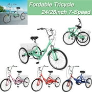 Mooncool Adult Folding Tricycle 7-Speed, 24inch 3 Wheels Cruiser Bike Cyan with Basket, Foldable Tricycle for Adults, Women, Men, Seniors Exercise Shopping