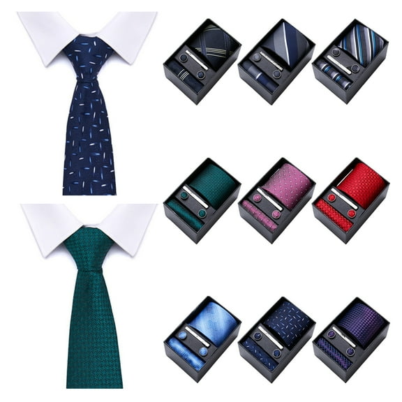 Harmtty 5Pcs/Set Silk Tie Suit Set Bright Color Tie Collar Clip Pocket Square Cufflinks Set Business Weddings Wear Formal Accessories