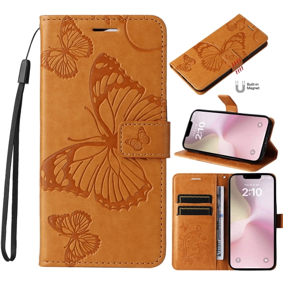 Compatible with For iPhone 17 Pro Max Wallet Case [RFID Blocking Protection] for Men Women,Butterfly Embossed PU Leather Card Slots Magnetic Flip Kickstand with Wrist Strap Phone Cover,Yellow