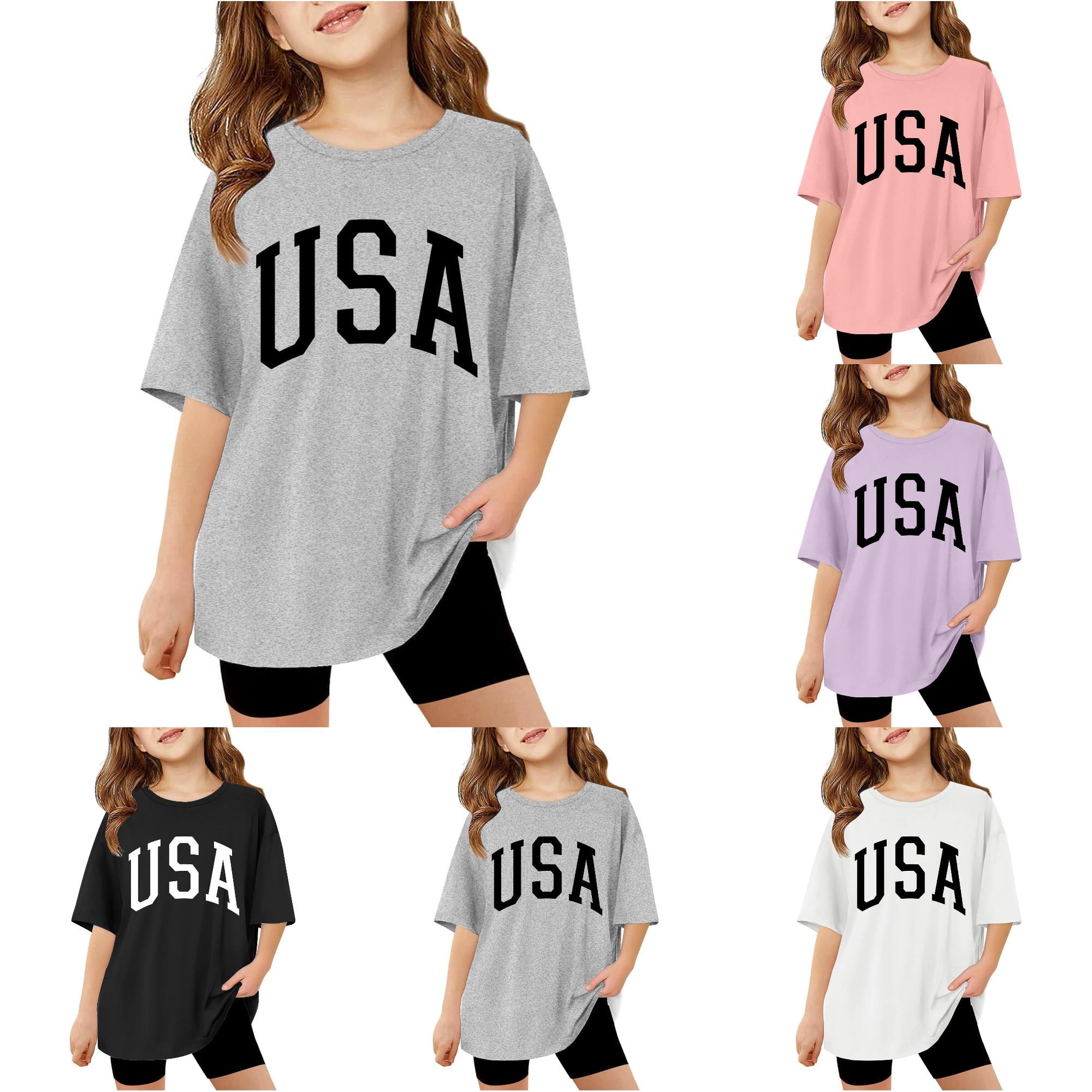 Children Tween Girls Letter Printed Short Sleeve T Shirts Tween Oversized Tops Casual Crewneck Basic Tees Athletic Wear for Girls 13-14 Years