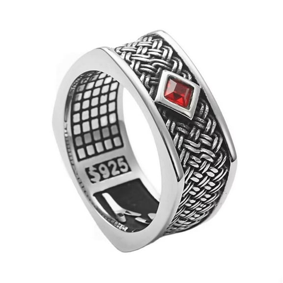 PAMTIER Unisex Stainless Steel Unique Vintage Square Cut Weaving Pattern Red Rhinestone Inlay Biker Ring Statement Wedding Band Silver Size 7