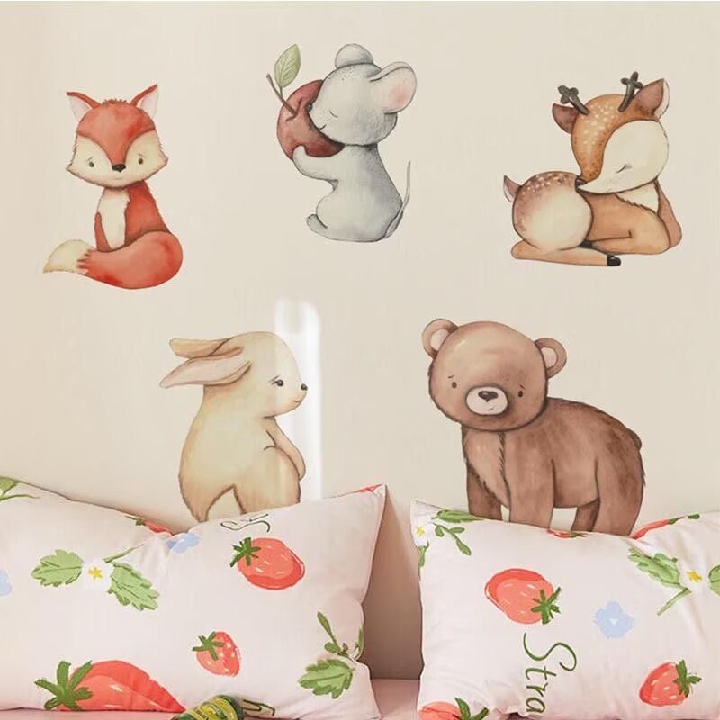 Woodland Forest Animal Wall Sticker, Watercolor Bear Fox Deer Wall Decal, Removable Peel & Stick Nursery Wall Art for Kids Bedroom