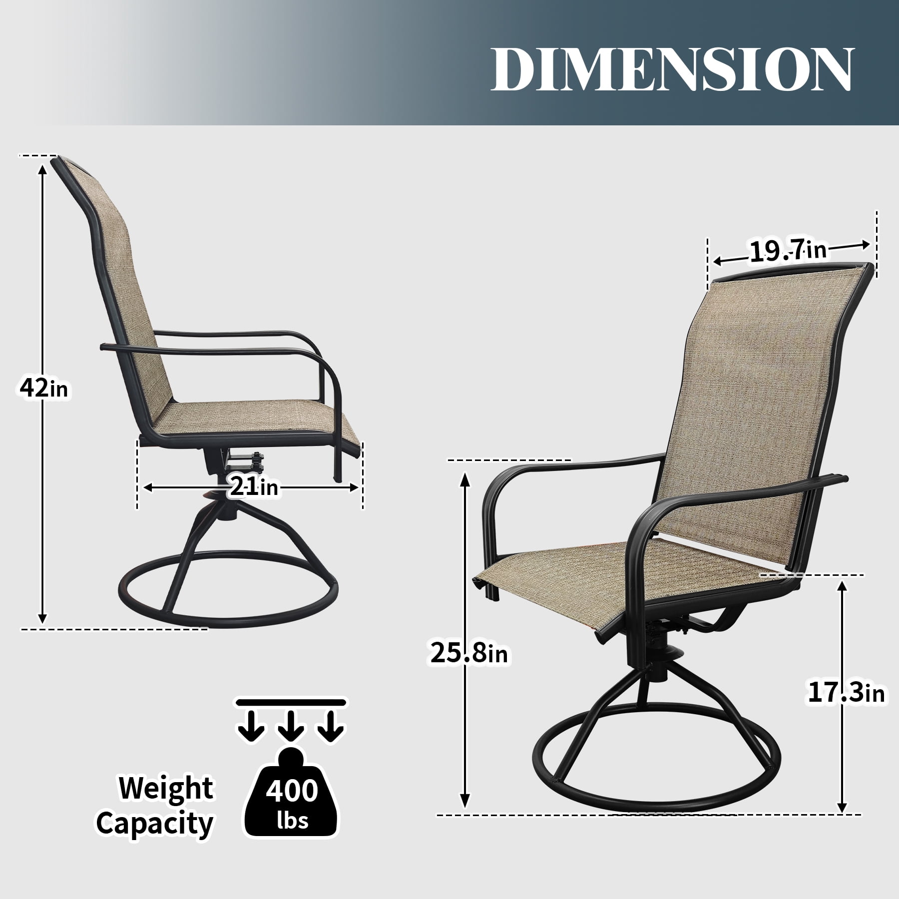 Set of 2 Patio Swivel Dining Chairs: 360° Rotating & 15° Rocking Motion, Ergonomic High-Back with All-Weather Textilene Fabric & Iron Frame for Backyard, Poolside, Porch & Garden