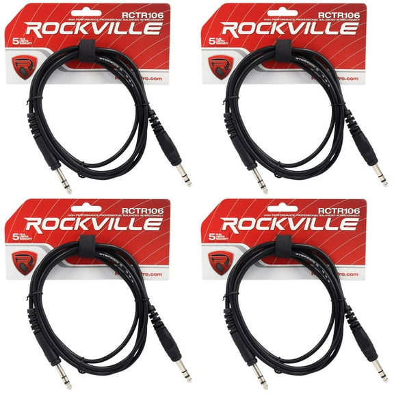 4 Rockville RCTR106B Black 6' 1/4'' TRS to 1/4'' TRS Cable 100% Copper