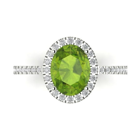 2.27 ct Oval Cut Natural Peridot with Simulated Diamond Halo Accents 18K White Gold Womens Engagement Ring