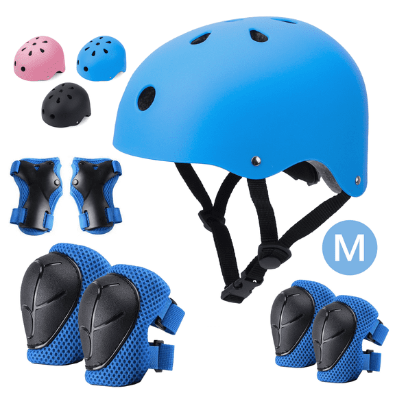 Tripumer Youth Bike Helmets 9-15 Ages with Knee and Elbow Pads Wrist Guards Scooter Boys Girls Bicycle Cycling Adjustable Helmets Blue