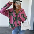 thumbnail image 2 of FEIFLY Women Fashion V Neck Long Sleeve Single Cardigan Sweater Coats Retro Loose Casual Knitted Tops Solid Color Female Outwear, 2 of 5