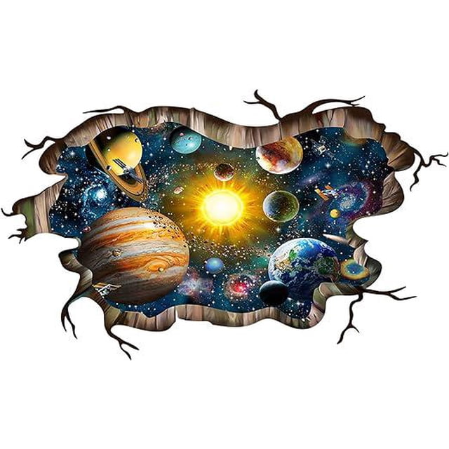 Calcomanías de pared de galaxia cósmica azul destrozada en 3D, calcomanías de pared mágicas del espacio exterior de la Vía Láctea, papel tapiz de estrellas y sistema solar para el piso de niños