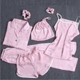 thumbnail image 1 of Pijama de siete piezas de color sólido para mujer, cárdigan de seda para primavera/otoño/verano, ropa de hogar, traje de pijama de seda artificial de 7 piezas, 1 of 6