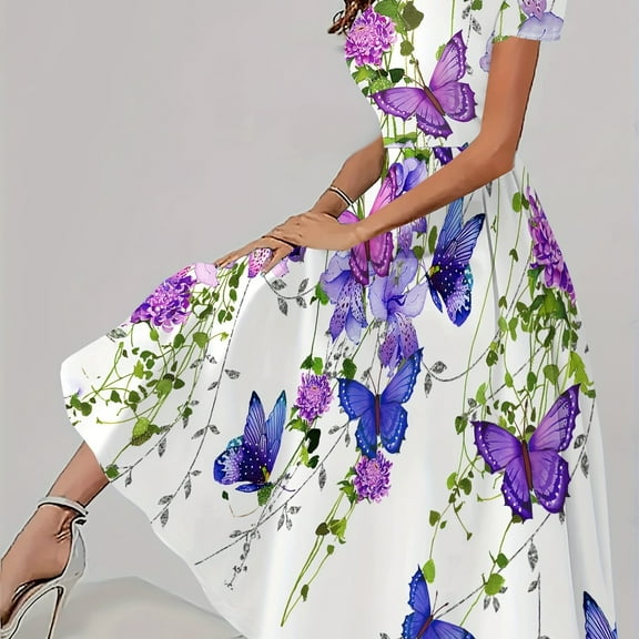 For Spring & Summer, Short Sleeve Casual Crew Neck Butterfly Print Dress, Women's Clothing,-L,White