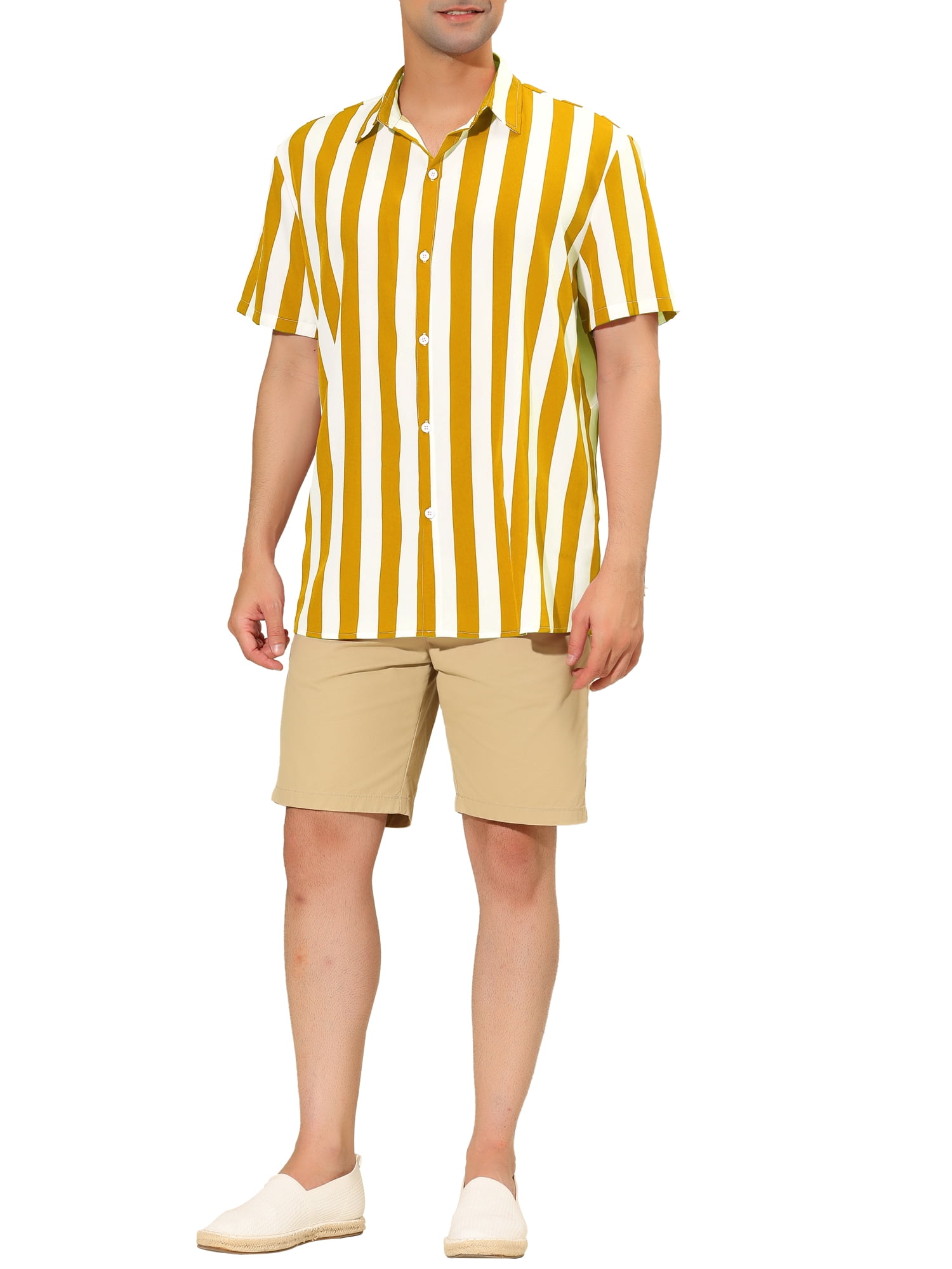Unique Bargains Men's Short Sleeved Color Block Button Down Beach Stripe Shirt M Yellow