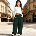 thumbnail image 2 of OSOLU Girls Pants Solid Color Wide Leg Design Drawstring Elastic Waist with Side Pockets Dark Green, 2 of 6