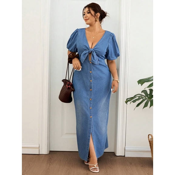 Plus Size Blue Denim V-Neck Puff Sleeve Button Front Tie Maxi Dress