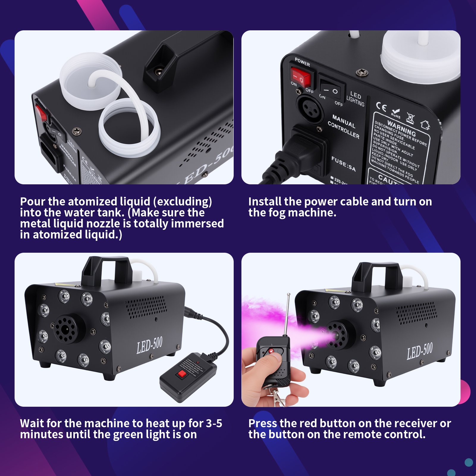 Fog Machine with 13 Colorful LED Lights Effect, 500W Smoke Machine with 1 Wired Receiver and Wireless Remote Controls, Auto Mode 2000CFM Fog, Perfect for Wedding, Halloween, Party and Stage Effect