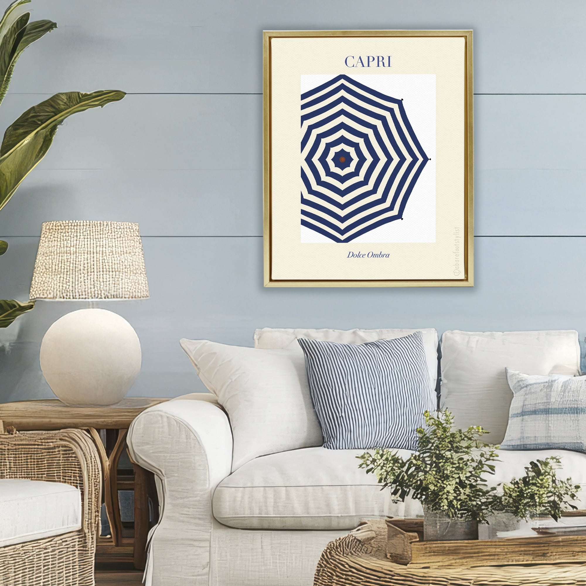 Stupell Industries Capri Striped Umbrella Gold Framed Floater Canvas Wall Art, design by A Barefoot Stylist