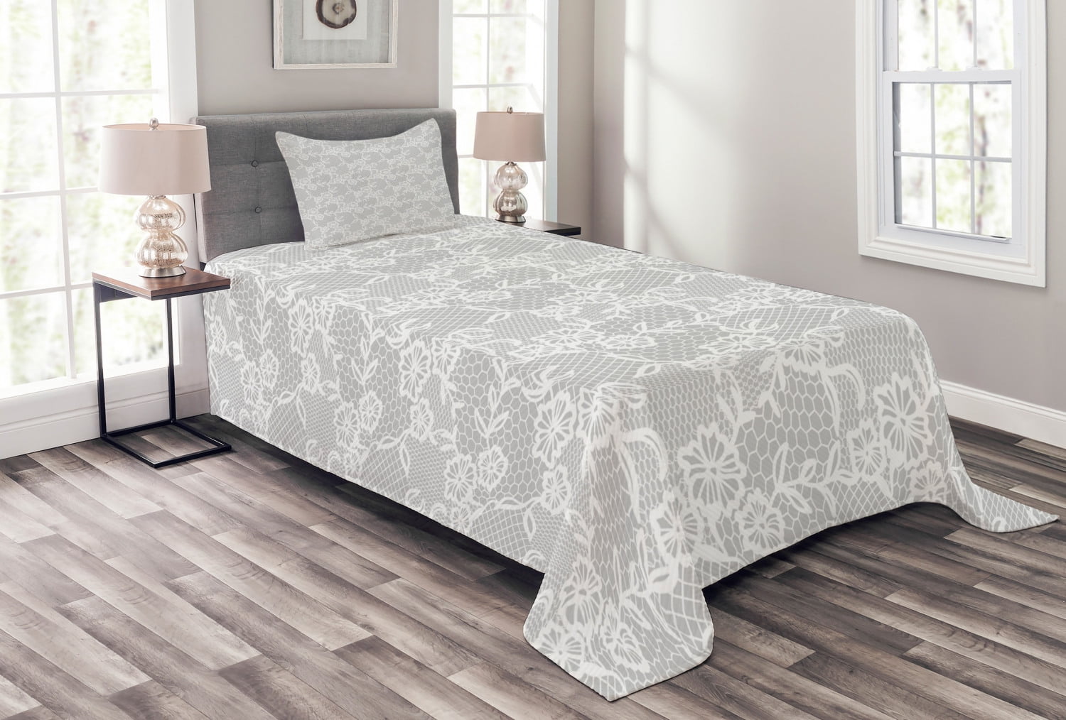 Grey Bedspread Set, Arabic Artwork Inspired Oriental Turkish Lace