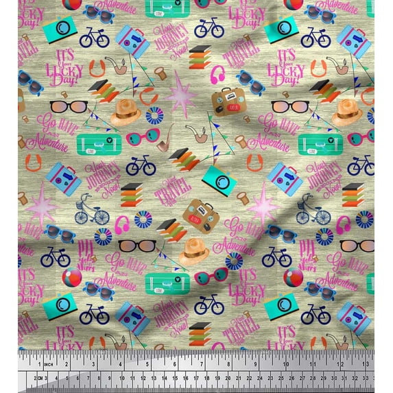 Soimoi Cotton Duck Fabric Camera,Hat & Briefcase Travel Print Fabric by The Yard 56 Inch Wide