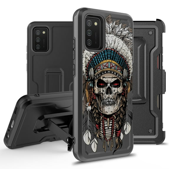 ANJ+ Rugged Hybrid Shockproof Case w/Kickstand + Holster Clip Card Slot Cover for Samsung Galaxy A02S (SM-A025) - Skull Chief