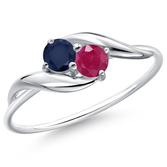 Gem Stone King 10K White Gold Round Blue Sapphire and Red Ruby Ring for Women (0.47 Cttw, Round 3.5MM, Gemstone September Birthstone, Size 9)