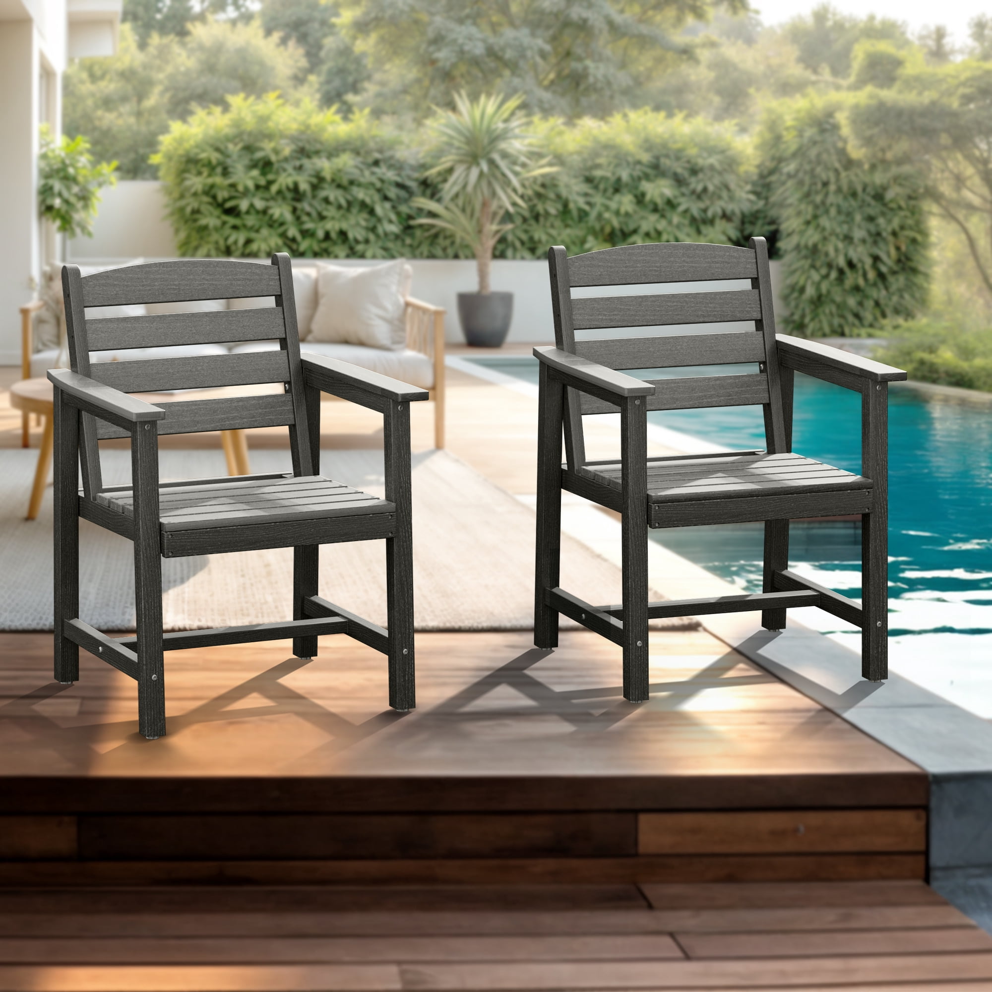 Eclife Set of 2 outdoor patio dining chairs Plastic Plywood Weather Resistant for Balcony Deck Pool Lawn Garden Backyard, Gray