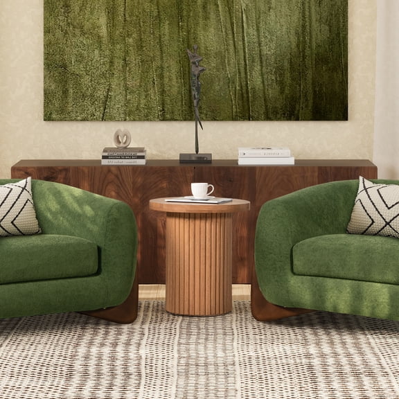 Coffee Tables Kenzie 19.5" Fluted Pillar Round Accent Side Table, Light Natural Brown Rubberwood,Wooden Coffee Tables