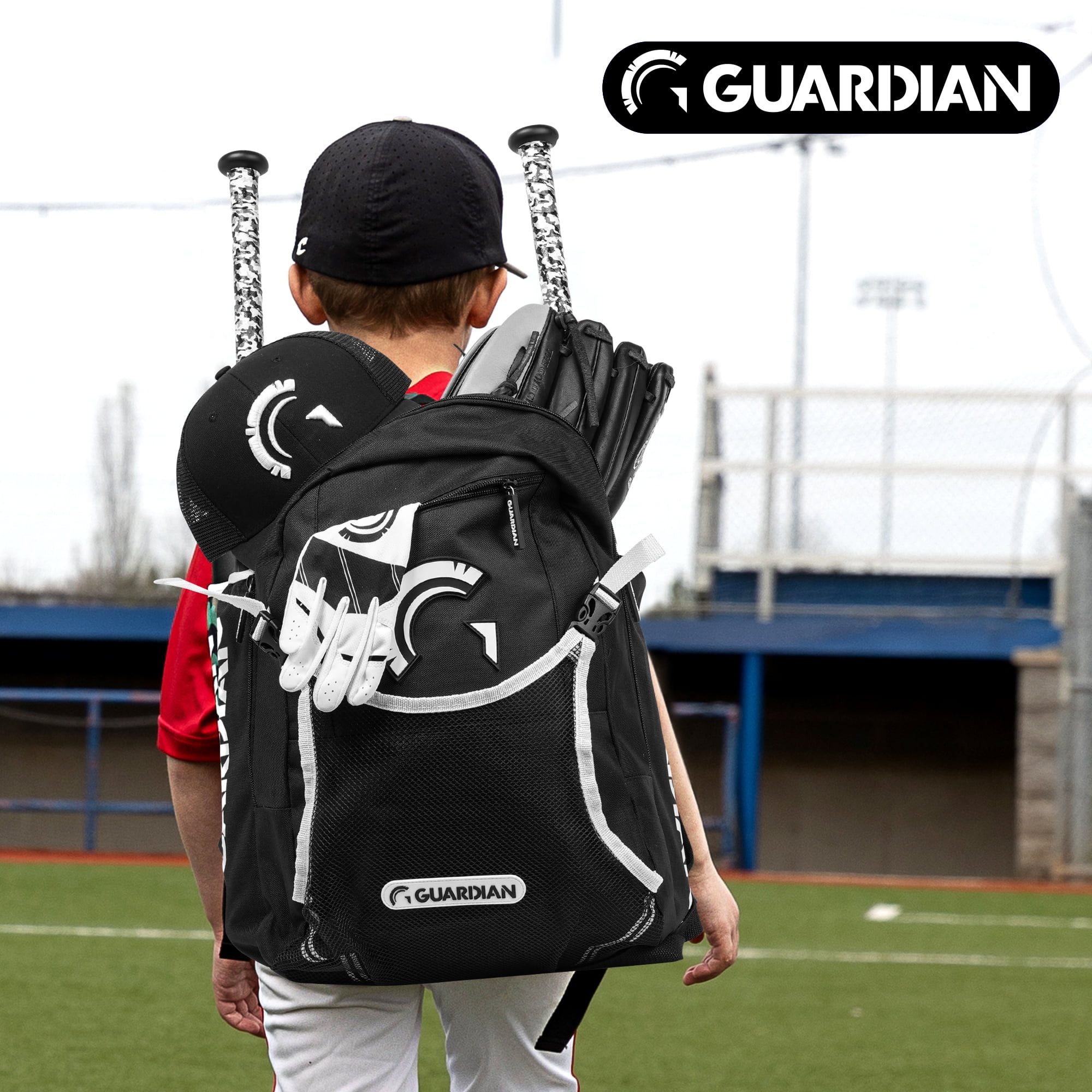 Guardian Baseball Backpack for Youth, Softball Bag for Girls, Durable Bat Bags Baseball Youth Boys and Girls, TBall Bag – Includes Hook to Hang on Fence - Black/White