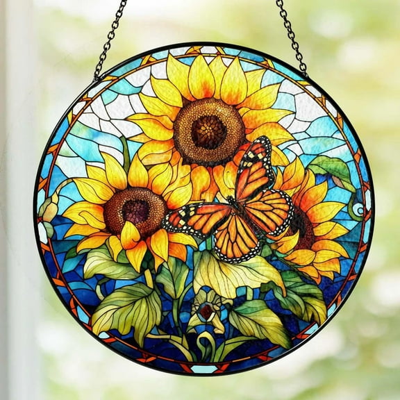 Sunflower Monarch Butterfly Stained Glass Suncatcher_ Window Decor