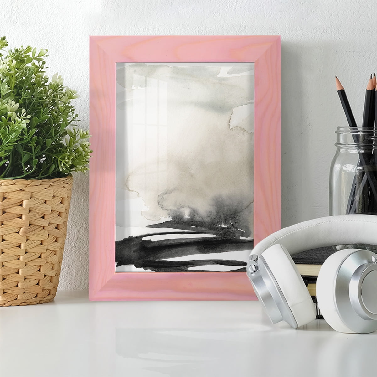 Ebony Horizon Triptych I - Framed Print w/glass - Sunset Pink