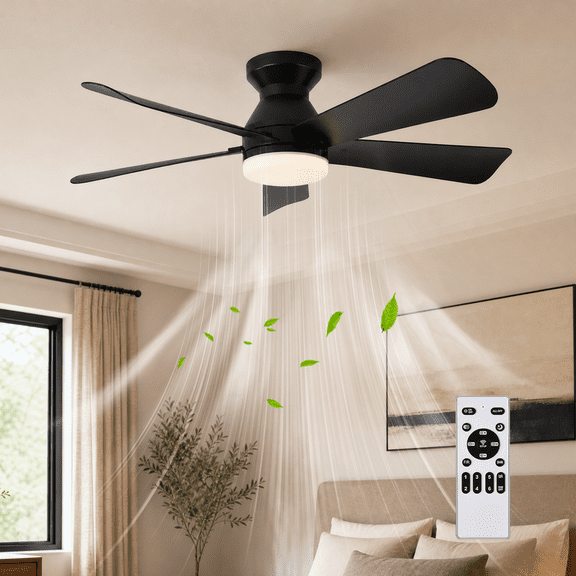 40" Modern Ceiling Fan With A Light And Remote Control, Semi Flush Mount 5-blade 6-speed, Quiet DC Motor Reversible, 3-color Dimmable LED Light Fixture, For Living Rooms, Bedrooms, Black