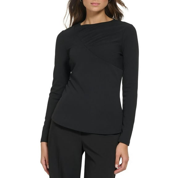 Women's Draped Crewneck Long Sleeve Knit Top Black S