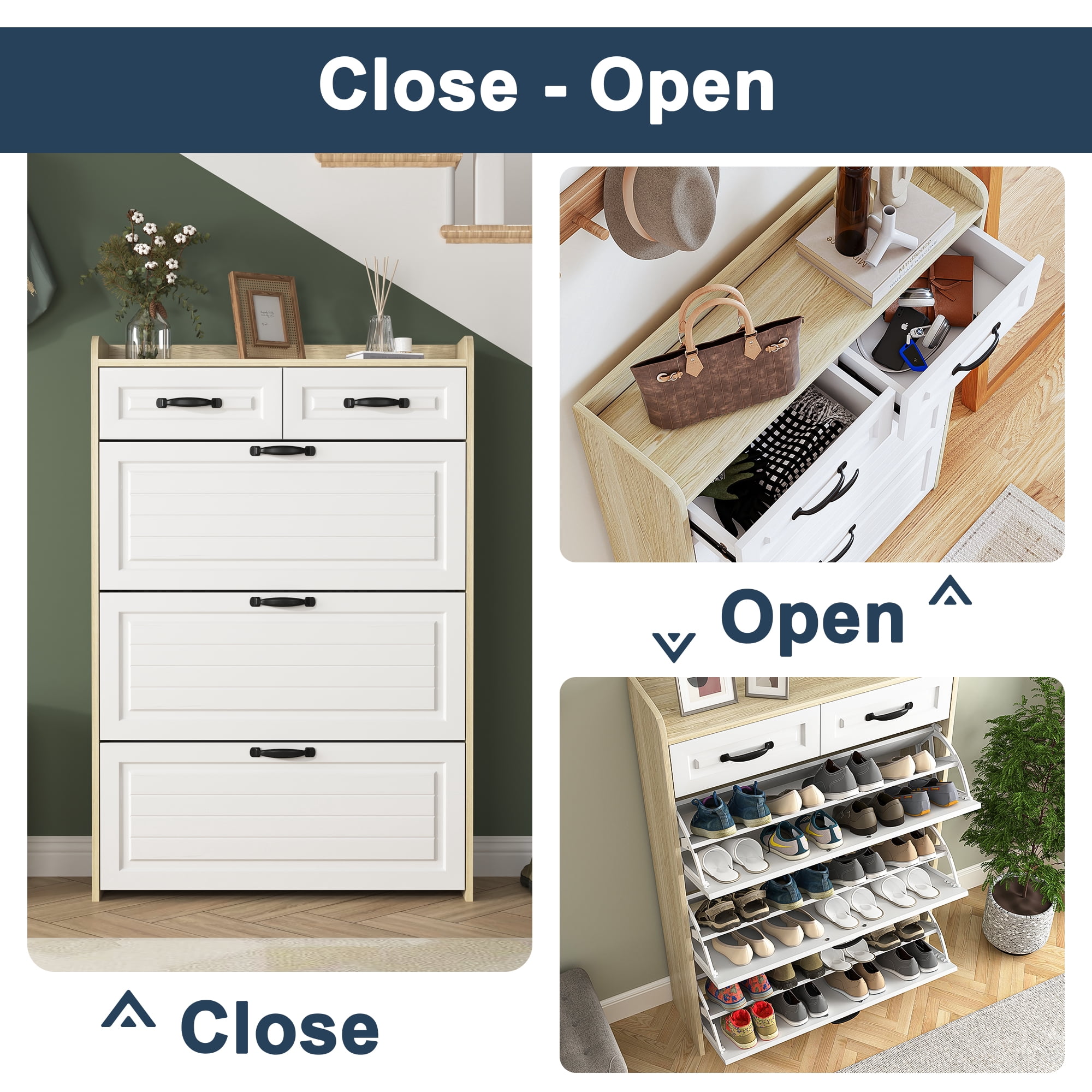 Kadyn Shoe Rack with 3 Doors, Shoe Organizer, White & Oak Shoe Cabinet with 2 Drawers, Shoe Storage Cabinet for Living Room, Hallway, Entryway