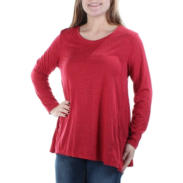 Style & Co. - STYLE & COMPANY Womens Red Glitter Long Sleeve Scoop Neck