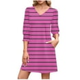 thumbnail image 2 of Qulqfy Dresses for Women Pink Casual 3/4 Sleeve Mini Short V Neck Striped Tunic Dresses Women Fall Dresses L, 2 of 7