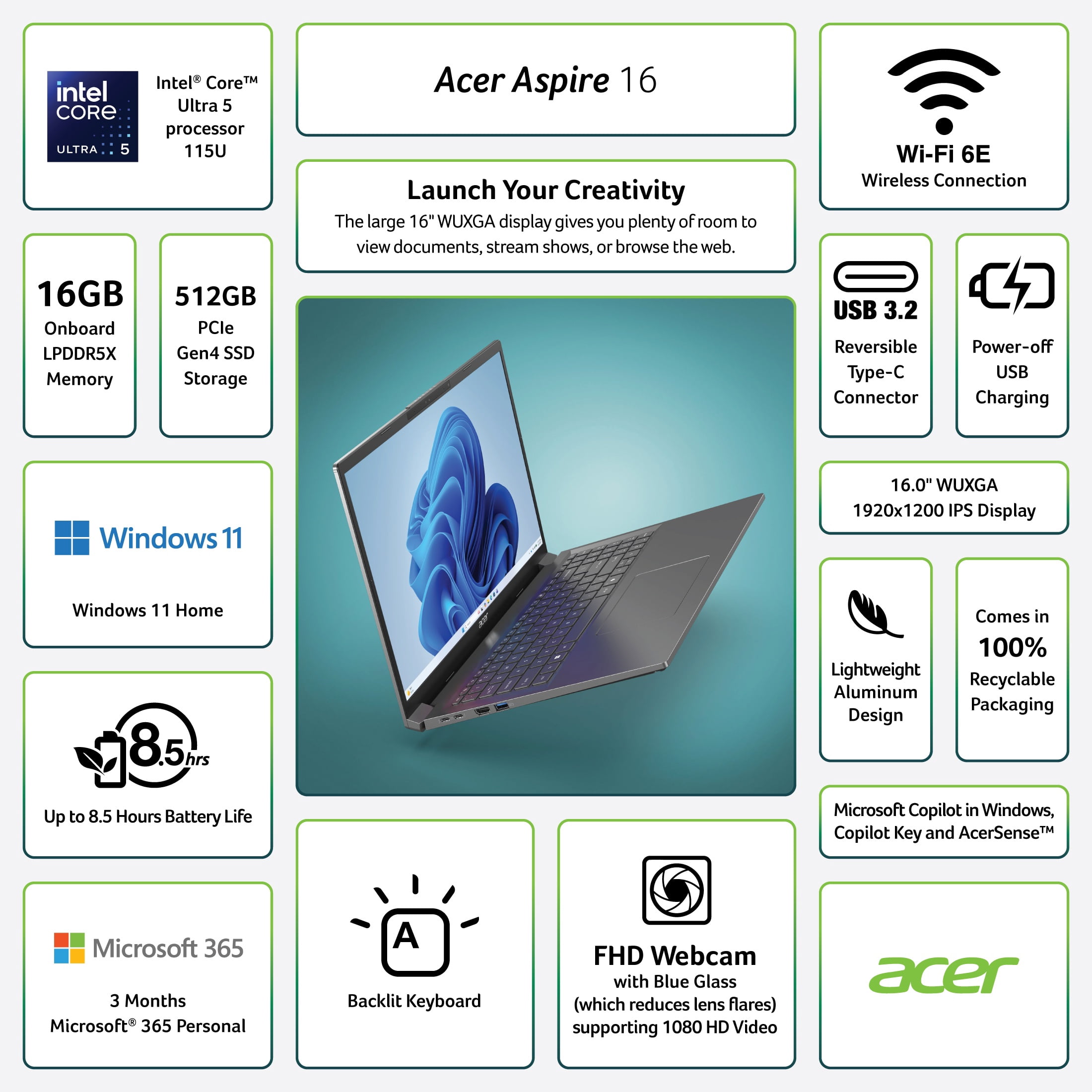 Acer Aspire 16 Laptop, 16” IPS WUXGA (1920 x 1200), Intel Core Ultra 5 Processor 115U, Intel Graphics, 16GB LPDDR5X, 512GB PCIe Gen 4 SSD, Steel Gray - 3 Months of Microsoft 365 Personal Included