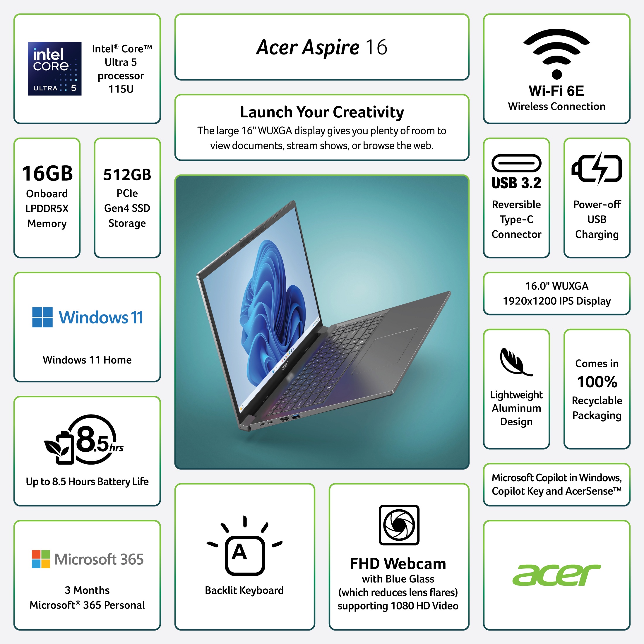 Acer Aspire 16 Laptop, Intel Core Ultra 5, 16GB RAM photo 2