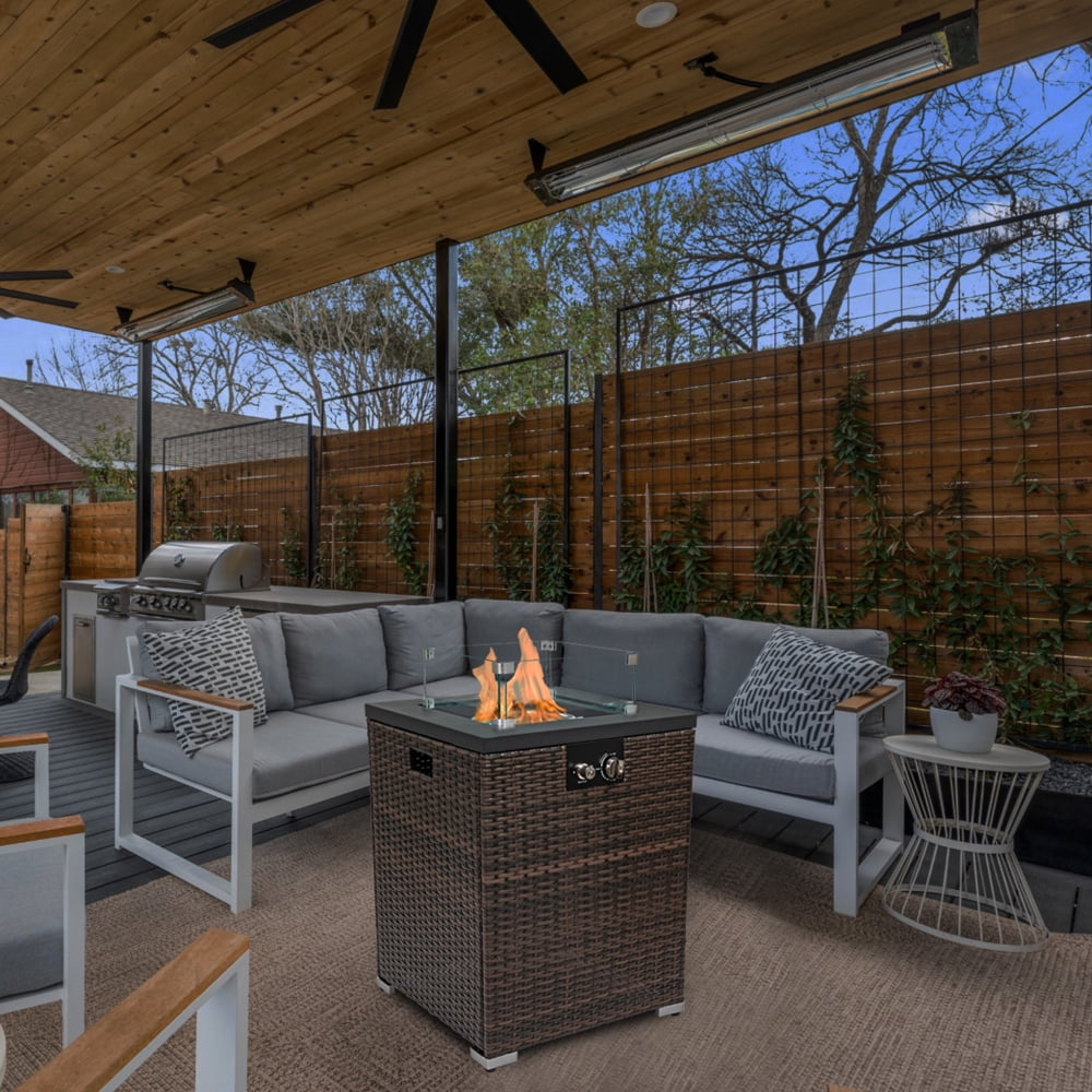 22" Square Gas Fire Pit Table w/Glass Windshield- 50,000 BTU with Wicker-Style Base for Patio
