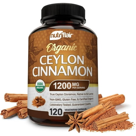 NutriFlair Organic Ceylon Cinnamon 1200mg per Serving Dietary Supplement, 120 Capsules