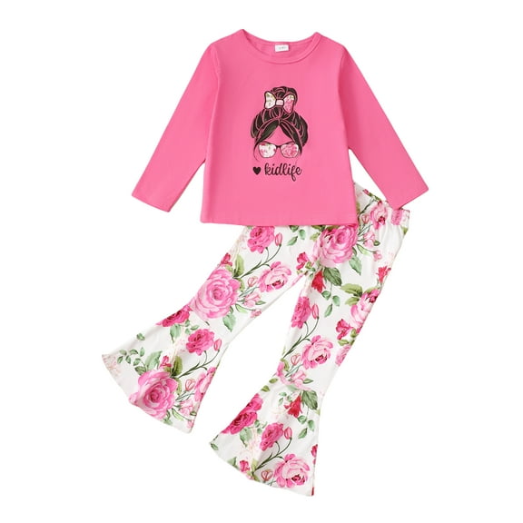 Kucnuzki 4T Toddler Girls Pant Sets 5T Toddler Girls Fall Winter Outfits Long Sleeves Girls Print T-shirt Top Floral Flared Pants 2pcs Sets Pink