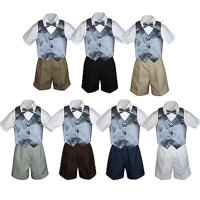 

4pc Set Boy Toddler Formal Dark Gray Vest and Bow tie White Khaki Shorts S-4T