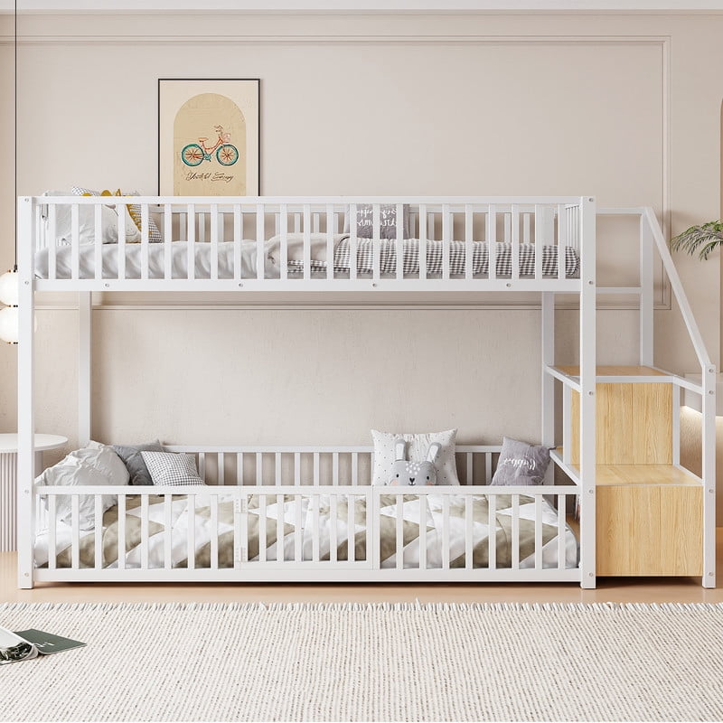 Twin Size Versatile Loft Bed with No Slat Floor Bed & Safety Guardrails, Kids Storage Bunk Bed Frame with Stair