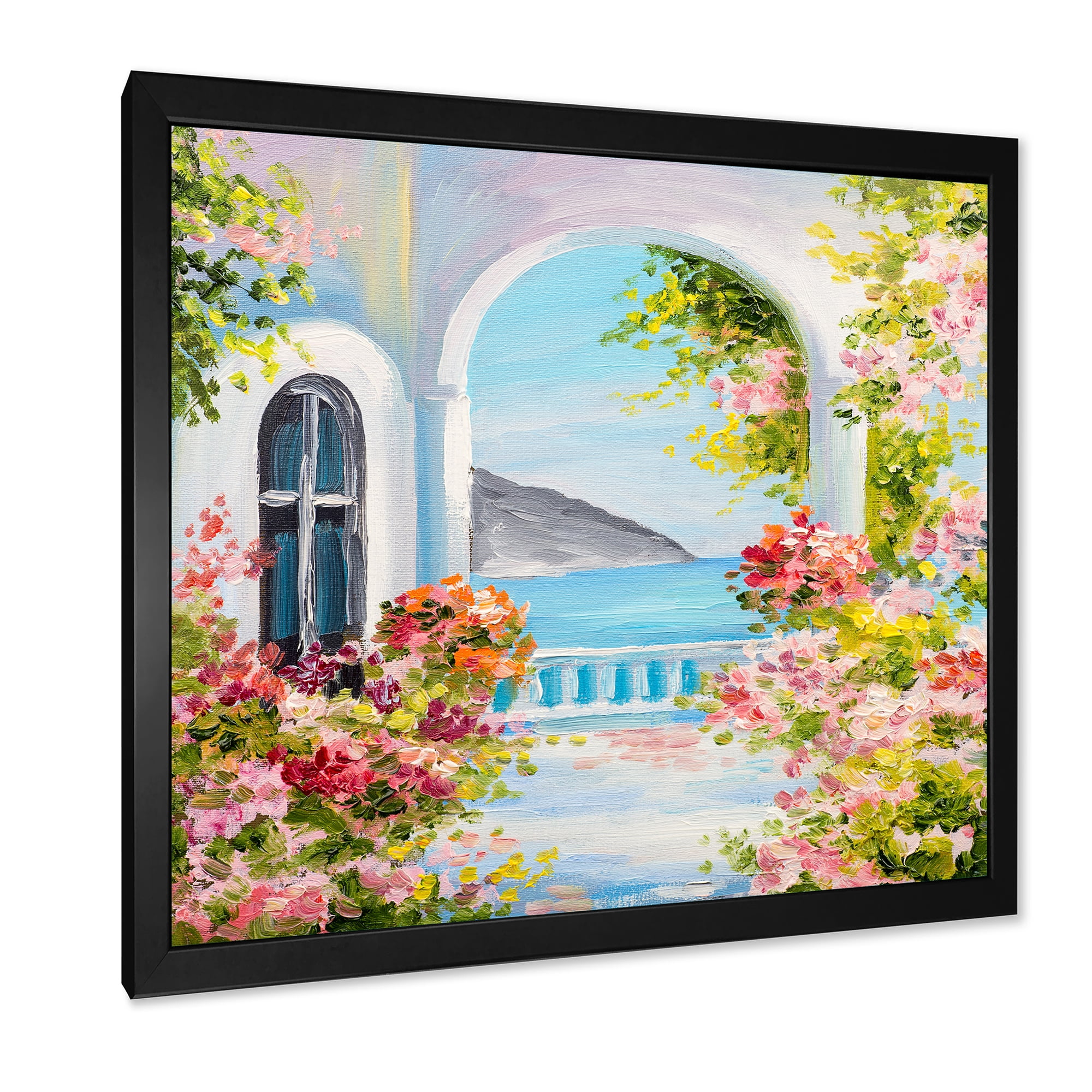 Designart 'Pink Flowers With Traditional Greek House' Nautical & Coastal Framed Art Print