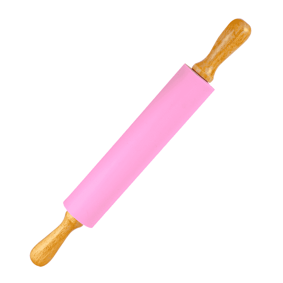 Silicone Rolling Pin for Baking – 17" Non-Stick Dough Roller with Wooden Handles (Pink)