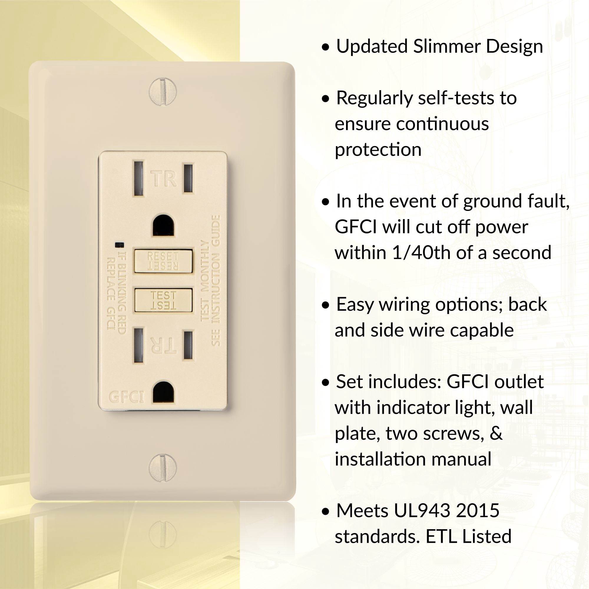 Faith 15A GFCI Outlets, Slim, Tamper-Resistant GFI Receptacles with Wall Plate, Ivory, 10 Pack