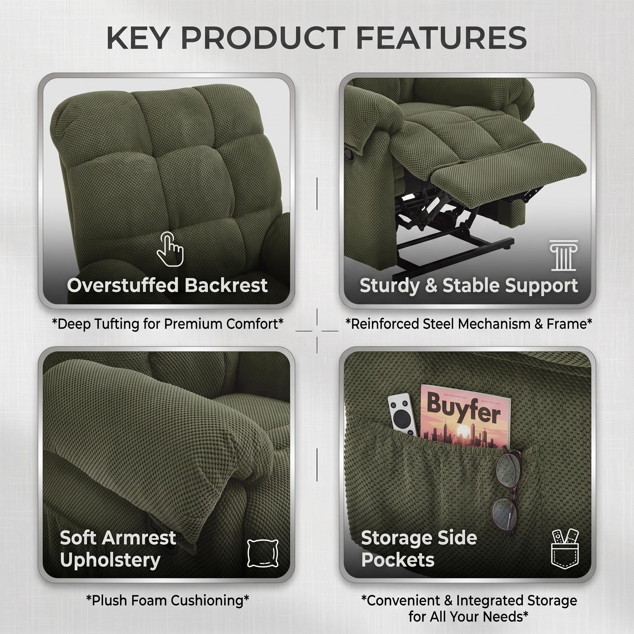 Homy Casa Overstuffed Manual Recliner Chair with Footrest, Fabric Lounge Chair for Nursery and Living Room