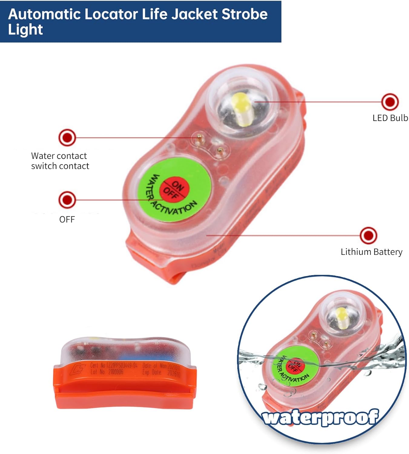2 Pack Cyan Life Jacket Strobe Light, Automatic LOCATOR LED Flares for Man Overboard Survival & Marine Boat Safety, Waterproof Emergency Strobe for Camping & Outdoor Survival Gear